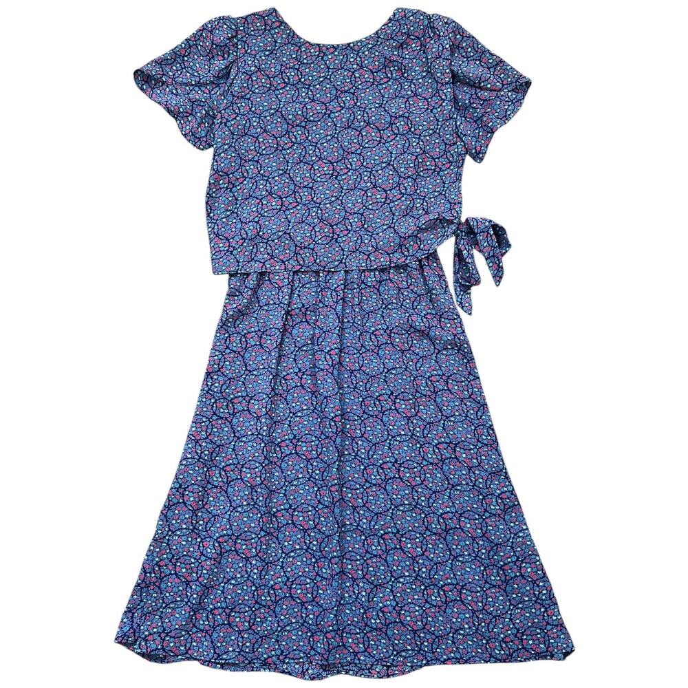 Vintage 80s Susan Richards Blue Floral Dress Shoulder Pads Side Tie Midi USA 14W